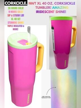 NWT XL 4Ooz CORKSICKLE OPALESCENT NEON TUMBLER! 20 HOURS COLD! 🌈 SHINE!